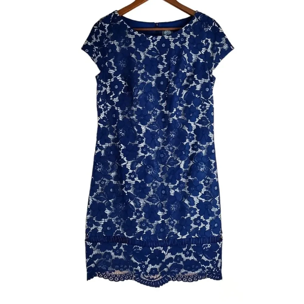 VINCE CAMUTO Blue Lace Overlay Fit & Flare Dress Size 10 Cap Sleeve Back Zip